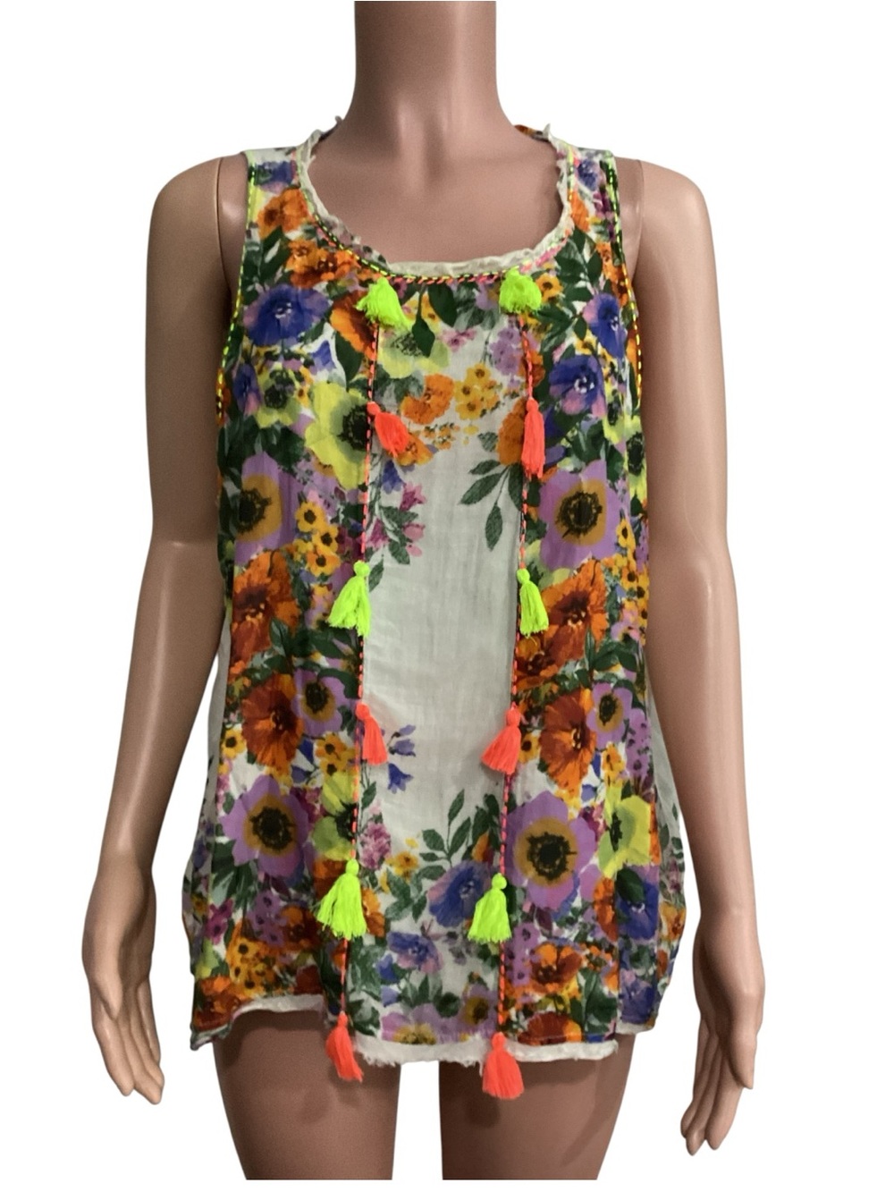 RAGA Anthro Floral Tassel Sleeveless Swing Tank Top Stitching Neon Accents XL